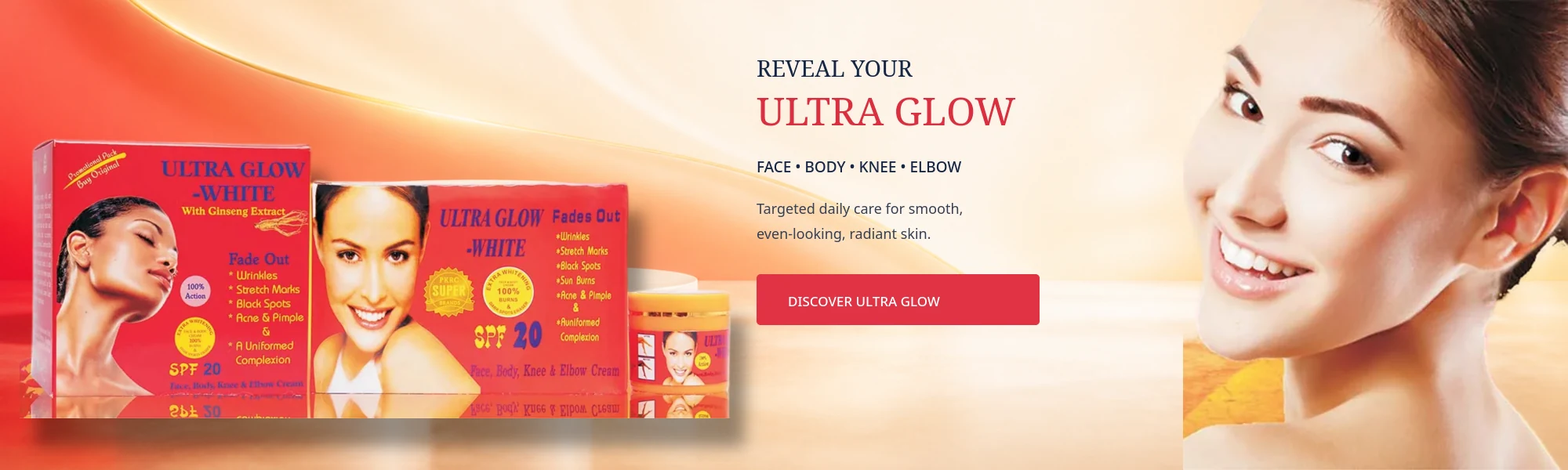 Ultra Glow White with ginseng extract, face, body, knee and elbow cream